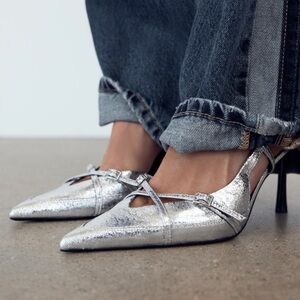 Zara strappy heel buckle shoe.  Silver.  Slingback.  Point toe.